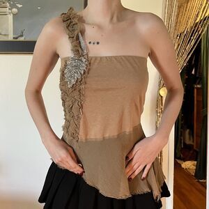 Fifi Collection Brown One Shoulder Flowy Beaded Trim Size S Boho Earthy Fairy